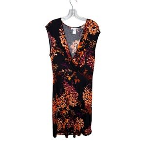 Floral Wrap-Style Black Dress with Orange & Pink Print